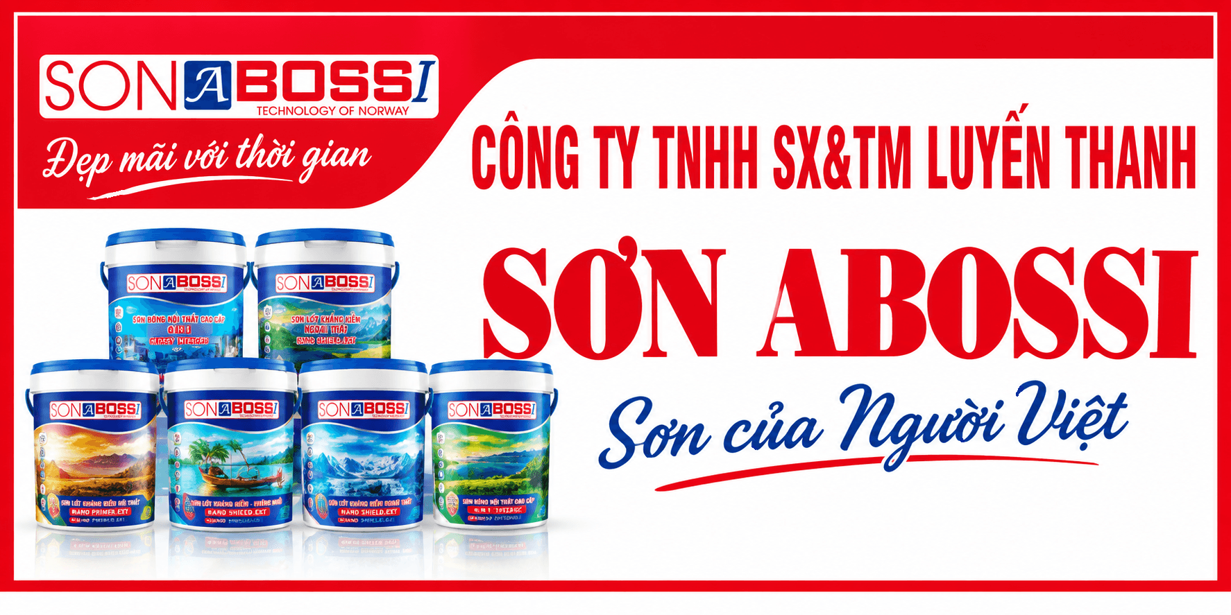 Sáu thùng sơn ABOSSI nội thất, ngoại thất và chống thấm trên banner đỏ trắng có logo, pháp nhân và slogan thương hiệu